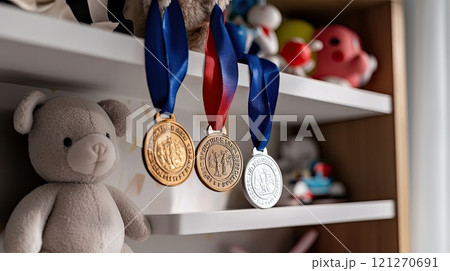 macro advertising studio shot of 3 marathon medals hanging on a shelf in a child's bedroom. 121270691