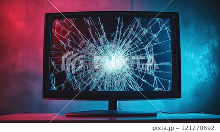 Monitor with cracked glass, TV screen displaying damage pattern, broken display effect on computer 121270692