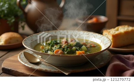 A bowl of green Caldo Verde soup with potatoes, herbs, and a slice of bread on a wooden surface A bowl of green Caldo Verde soup with potatoes, herbs, and a slice of bread on a wooden surface 121270772