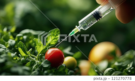 GMO food injection with syringe, needle alters organic vegetable DNA, background blurry 121270778