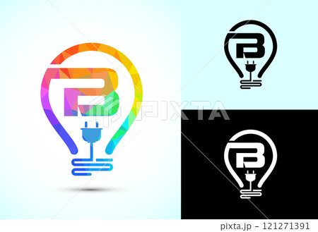 Initial alphabet with an electric bulb and plug. Electricity logo design template low poly style Initial alphabet with an electric bulb and plug. Electricity logo design template low poly style 121271391