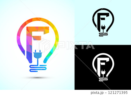 Initial alphabet with an electric bulb and plug. Electricity logo design template low poly style 121271395