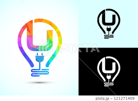 Initial alphabet with an electric bulb and plug. Electricity logo design template low poly style 121271409