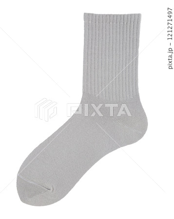 Grey long sock is isolated on a white background.  121271497