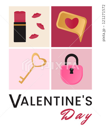 Postcard with romantic symbols of Valentines Day - lipstick with kisses, lock and key, sms with a heart. Vector illustration in a flat geometric style. Bright pink, gold and red colors. Postcard with romantic symbols of Valentines Day - lipstick with kisses, lock and key, sms with a heart. Vector illustration in a flat geometric style. Bright pink, gold and red colors. 121271572
