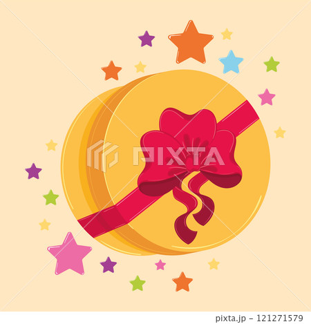Round yellow gift box with red ribbon and bow Vector 121271579