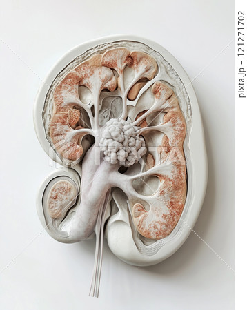 3D medical illustration of a human kidney with a tumor in the corte.This is a model depicting a kidney that has a tumor within it 121271702