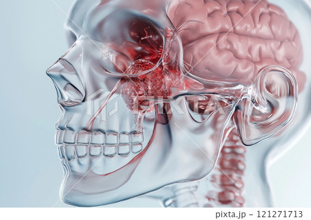 3D illustration of a human skull with cross-section detail of the nasal cavities and sinuses. image of a human head, featuring the brain and skull 3D illustration of a human skull with cross-section detail of the nasal cavities and sinuses. image of a human head, featuring the brain and skull 121271713