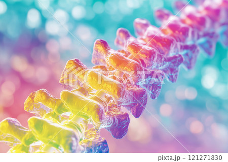 3D rendering of the human spine, showcasing vertebrae and intervertebral discs in a vibrant color palette.A closeup of a rainbow skeleton 121271830