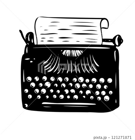 Typewriter vector illustration. Linear drawing in outline style. Engraved retro machine with keys for nostalgic design in office style. Perfect for greeting cards or literary-themed invitations. 121271871