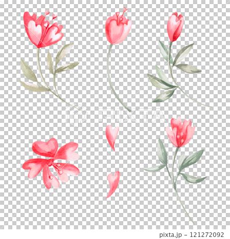 Set of fantasy flowers in watercolor. Isolated watercolor illustration for design of cards, invitations, posters, fabric printing, decoration of children's rooms, clothes. 121272092