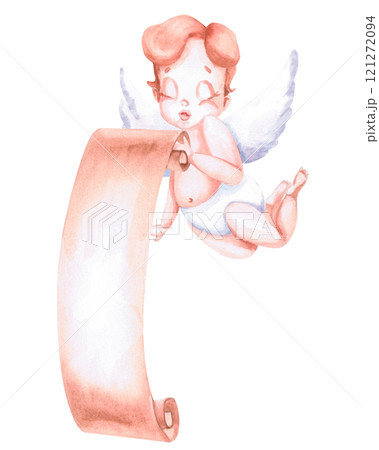 Floating angel with unrolled vertical scroll. Isolated watercolor illustration for design of cards, invitations, lettering, signage, holiday decorations Floating angel with unrolled vertical scroll. Isolated watercolor illustration for design of cards, invitations, lettering, signage, holiday decorations 121272094