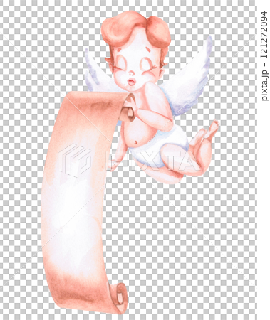 Floating angel with unrolled vertical scroll. Isolated watercolor illustration for design of cards, invitations, lettering, signage, holiday decorations Floating angel with unrolled vertical scroll. Isolated watercolor illustration for design of cards, invitations, lettering, signage, holiday decorations 121272094