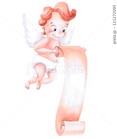 Flying cupid with unrolled vertical scroll. Isolated watercolor illustration for design of cards, invitations, lettering, signage, holiday decorations 121272095