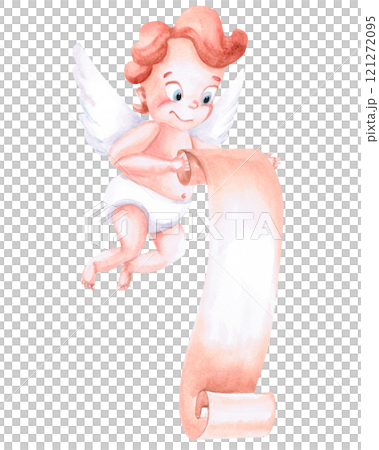 Flying cupid with unrolled vertical scroll. Isolated watercolor illustration for design of cards, invitations, lettering, signage, holiday decorations 121272095