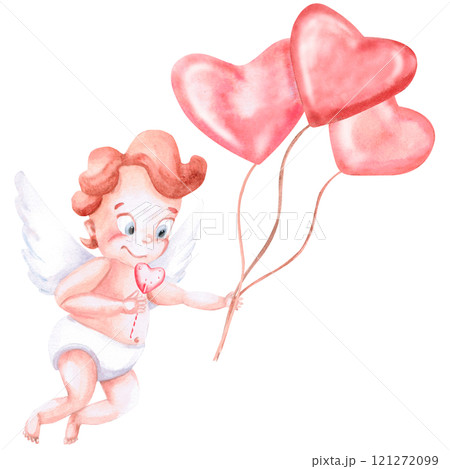 Flying angel with lollipop and balloons in hands. Isolated watercolor illustration for Valentine's Day design, children's parties, birthdays, posters, fabric printing 121272099