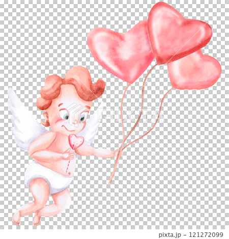 Flying angel with lollipop and balloons in hands. Isolated watercolor illustration for Valentine's Day design, children's parties, birthdays, posters, fabric printing 121272099