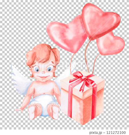 Sitting angel with balloons and gift box. Isolated watercolor illustration for Valentine's Day, children's parties, birthdays, posters, fabric printing 121272100