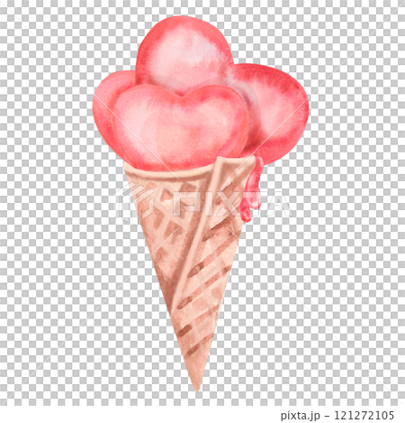 Ice cream cone with heart shaped balls. Watercolor isolated illustration for Valentine's Day design, children's birthday party decoration, fabric printing 121272105
