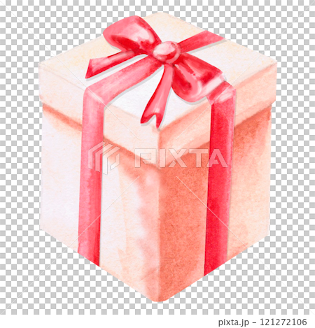 Gift box with red bow in watercolor. Isolated illustration for design of special events, holidays, Valentine's day, Christmas, birthday 121272106