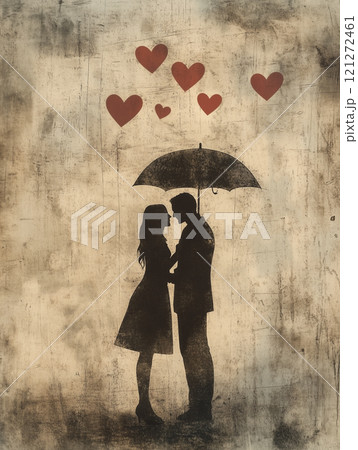 A romantic couple under an umbrella surrounded by hearts in a soft, dreamy background during a rainy day 121272461