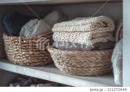 Neatly arranged woven baskets filled with soft, folded knitted blankets on a rustic wooden shelf 121272649