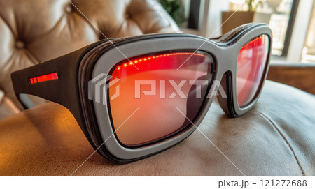 Futuristic AR or spa Glasses with Red Lenses on Leather Chair Futuristic AR or spa Glasses with Red Lenses on Leather Chair 121272688