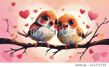 Charming and Adorable Birds in Love, All Set Against a Delightful Hearts Background for You 121272735