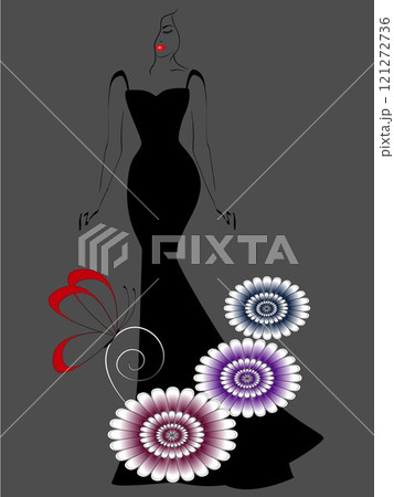 Woman in a long black dress and flowers with a butterfly on a gray background. Woman in a long black dress and flowers with a butterfly on a gray background. 121272736