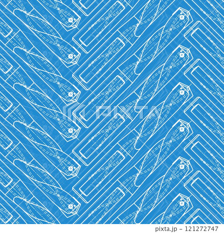Mechanical engineering drawings on blue background. Drill tools, borer. Technical Design. Cover. Blueprint. Vector illustration. Seamless pattern. 121272747