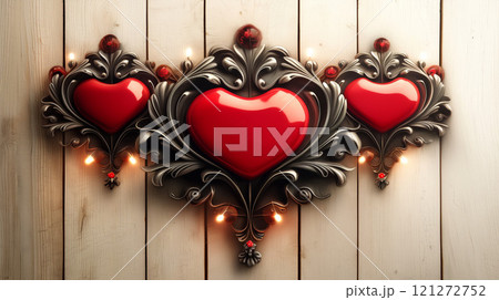 Three ornate red hearts with metallic frames and lights on a wooden background, stylish Valentine's Day decor 121272752