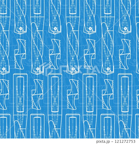 Mechanical engineering drawings on blue background. Drill tools, borer. Technical Design. Cover. Blueprint. Vector illustration. Seamless pattern. 121272753