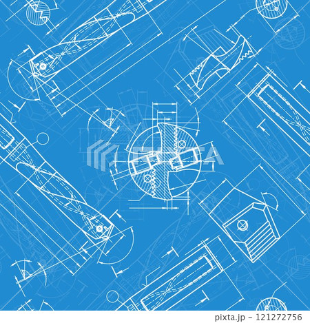 Mechanical engineering drawings on blue background. Drill tools, borer. Technical Design. Cover. Blueprint. Vector illustration. Seamless pattern. 121272756