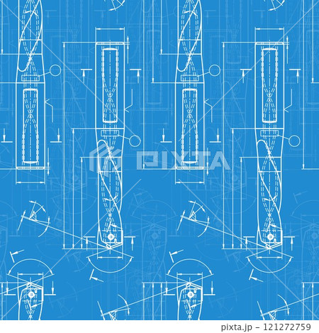 Mechanical engineering drawings on blue background. Drill tools, borer. Technical Design. Cover. Blueprint. Vector illustration. Seamless pattern. Mechanical engineering drawings on blue background. Drill tools, borer. Technical Design. Cover. Blueprint. Vector illustration. Seamless pattern. 121272759