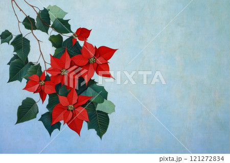 Vibrant Poinsettia Arrangement on Textured Blue Background in Minimalist Style Aai generative 121272834