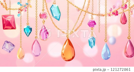 Vibrant Gemstone Pendants on Golden Chains Against Soft Pink Bokeh Background Aai generative Vibrant Gemstone Pendants on Golden Chains Against Soft Pink Bokeh Background Aai generative 121272861