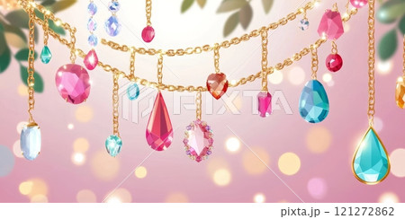 Colorful Gemstone Jewelry Hanging on Gold Chains Against a Dreamy Bokeh Background Aai generative 121272862