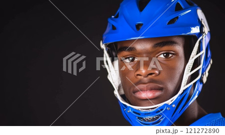 Confident Young Athlete in Blue Lacrosse Gear Against Dark Background Aai generative 121272890