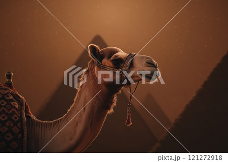 Camel in Desert Silhouette with Majestic Pyramids at Sunset Aai generative 121272918