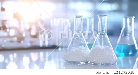 Laboratory Glassware with White Chemical Powder and Blue Liquid Solution Aai generative 121272919