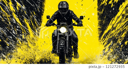 Dynamic Motorcycle Rider in Black Helmet Against Vibrant Yellow Splash Background Aai generative 121272935