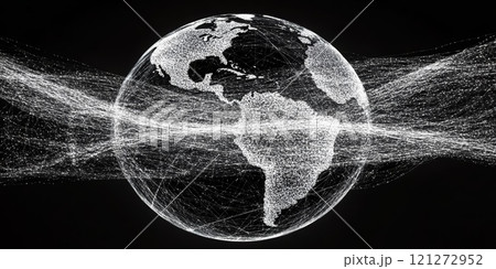 Digitized Global Network Illuminated Earth Sphere with Interconnecting Data Streams Aai generative 121272952