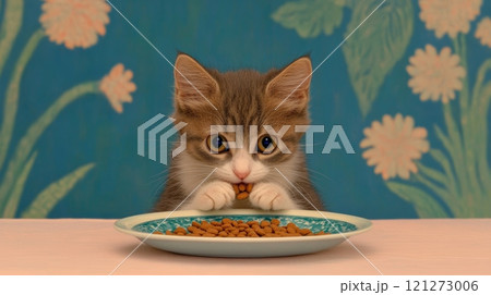 Cute Kitten Eating Dry Cat Food with Floral Wallpaper Background Aai generative 121273006