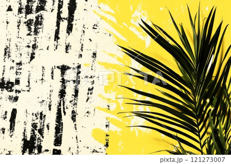 Contemporary Contrast Palm Leaf Shadows on Abstract Yellow and Black Background Aai generative 121273007