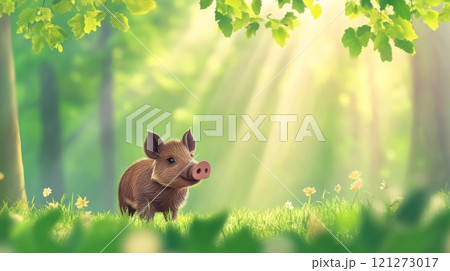 Adorable Piglet in Lush Forest Clearing Under Sunlit Canopy Aai generative 121273017