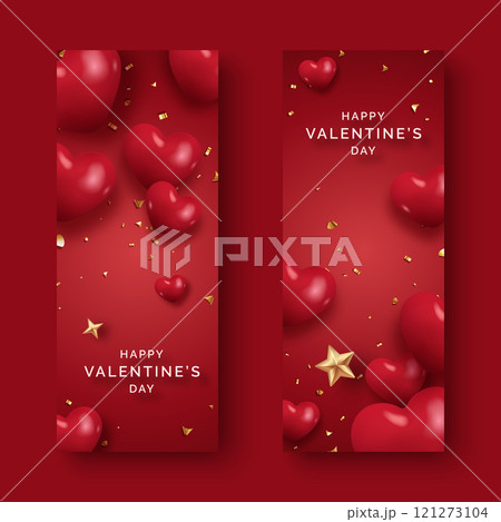 Valentines Day vertical banners with hearts, golden stars, and confetti on a red background Valentines Day vertical banners with hearts, golden stars, and confetti on a red background 121273104