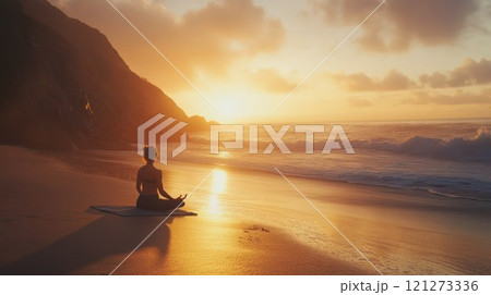 Serene sunset meditation on the beach. Serene sunset meditation on the beach. 121273336