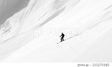 Skier navigating a snowy slope in monochrome. 121273385