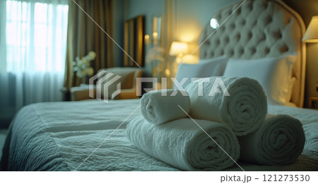 Luxurious hotel room with neatly arranged towels on a pristine bed 121273530