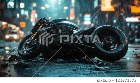 Motorcycle lays abandoned in the rain on an empty city street at night 121273575
